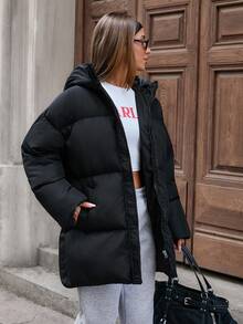EURMUSE Fashionable Solid Color Hooded Jacket For Winter - Black - View 5