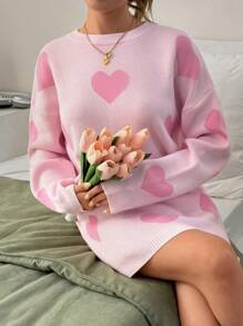EURMUSE Crewneck Heart Pattern Knit Sweater Dress In Candy Pink – 82cm Shoulder To Hem Length, Relaxed Fit,Winter Dresses For Women,Petite - Pink - View 5