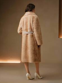 Anewsta Abrigo largo de color albaricoque con cuello de piel sintética retro, elegante y lujoso abrigo formal y elegante para otoño/invierno, Navidad, Año Nuevo, fiesta