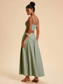 Travachic 2pcs/Set Women's Solid Color Woven Twist Hollow Out Cropped Camisole & Mini Skirt, Vacation Outfit Two Piece Skirt Set ,Green Two Piece Sage, Green Two Piece Set Vacation Outfits Women ,Two Piece Set Autumn ,Fall Clothes For Women,  Bohemia Style