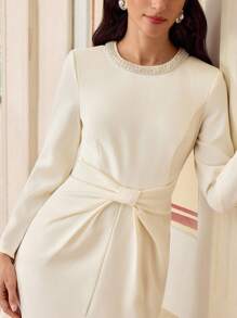 ZEYLAH FAUX PEARL AND BEADED DETAIL RUCHED WAIST MIDI DRESS - Apricot - View 7