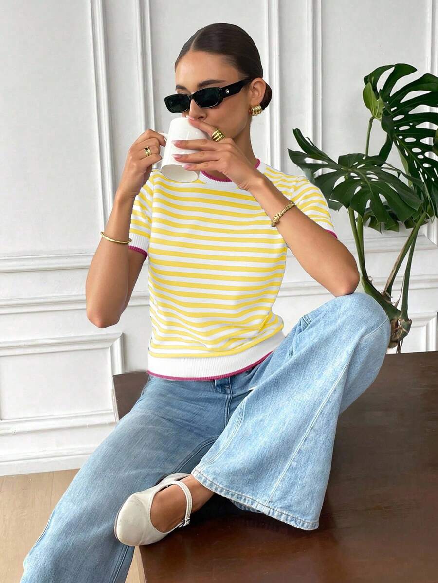 Áo len sọc ngắn tay cho nữ, phong cách thời trang tối giản phù hợp cho mùa hè - Màu vàng - Xem 1