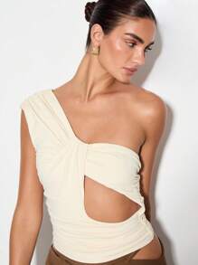 KIZN 单肩褶皱镂空不对称晚会俱乐部装修身夏季短款上衣优雅别致时尚个性衬衫 - 黃色 - 查看 1