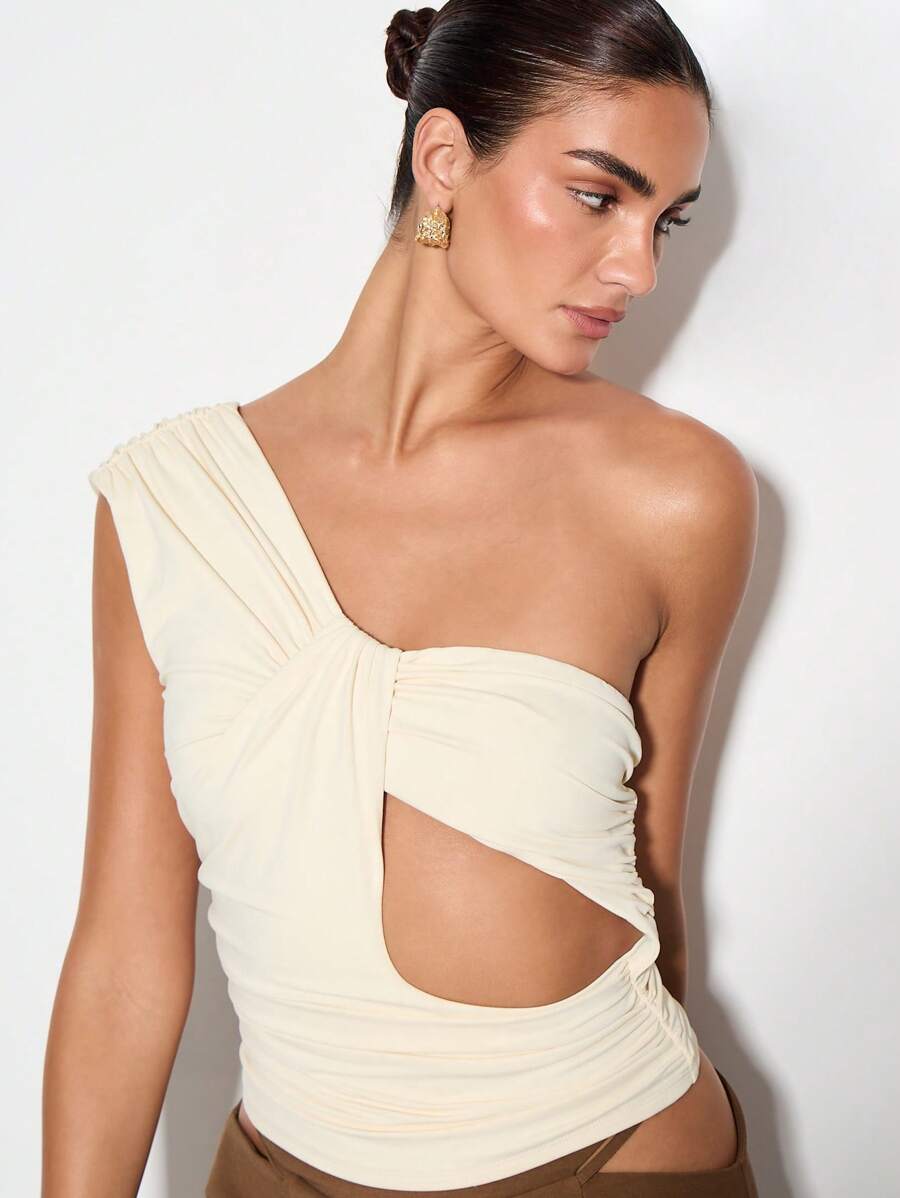 KIZN 单肩褶皱镂空不对称晚会俱乐部装修身夏季短款上衣优雅别致时尚个性衬衫 - 黃色 - 查看 1