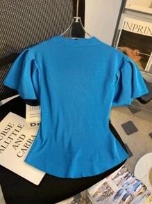 SHEIN Clasi Plus Size Women's Solid Color Single-Breasted Ruffle Short Sleeve Casual Cardigan - Blue - View 2