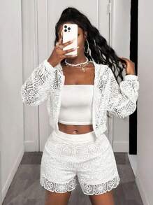 BamGleam Chic Autumn White Hollowed Out Casual Versatile Hoodie Jacket Pullover Fall - White - View 1