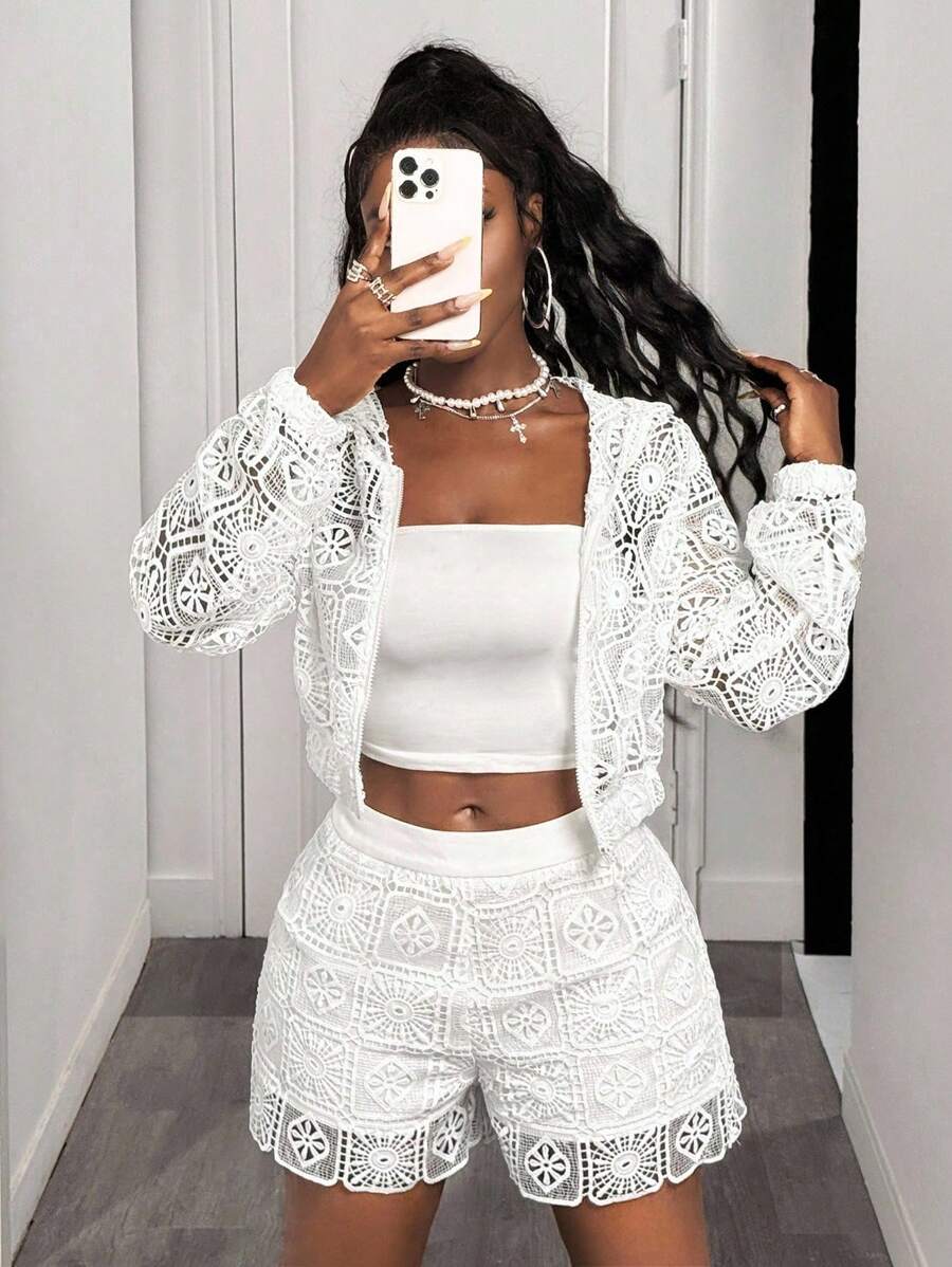 BamGleam Chic Autumn White Hollowed Out Casual Versatile Hoodie Jacket Pullover Fall - White - View 1