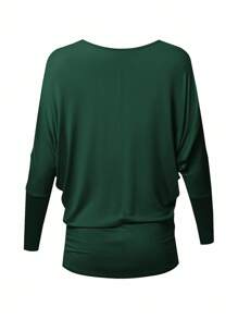 女士时尚宽松蝙蝠袖侧褶长袖T恤 - 墨綠色 - 查看 2