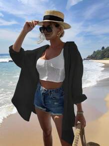 INAWLY Women's Sequin Eye Pattern Long Sleeve Loose Midi Shirt Dress - Black - View 4