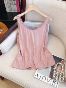 SHEIN LUNE Camiseta sin mangas holgada de unicolor y cuello en V para mujer, ropa de verano para la universidad - Rosa vieja - Ver 2