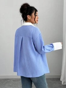 Elenzga Blouse à manches longues rayée avec broderie et couleur contrastée, style décontracté, grande taille, pour femmes, printemps/automne - Bleu et Blanc - Voir 2