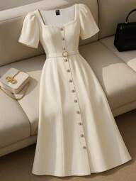 Franclia Solid Color Sweetheart Neck Button Front Belted Waist Elegant Short Sleeve Dress
