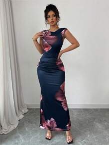 Elenzga Fashion Round Neck Sleeveless Floral Printed Elegant Dress For Women Vacation