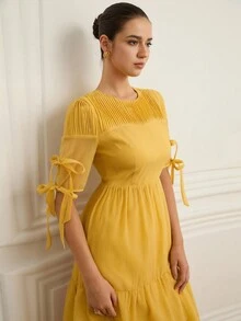 Chiquease Women's Pleated Chiffon Tie-Waist Midi Dress, Flowy Swing Skirt, Suitable For Summer, Music Festival, Beach, Holiday, Teacher Club, Cute - Yellow - View 6