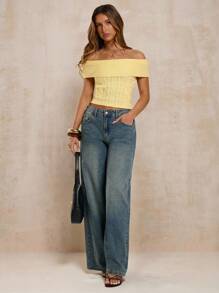 SHEIN BAE Summer Casual Solid Color Knitted Top,Cute,Streetwear,Basic Tops,Knit Sweater,Back To School,Off The Shoulder Sweater,Cute Sweater,Cropped Sweater,Fall For Women,Fall Sweaters,Off The Shoulder Sweater,Off Shoulder Sweater,Fall For Women,Fall Sweaters,Fall Women,Halloween Sweater - Yellow - View 9