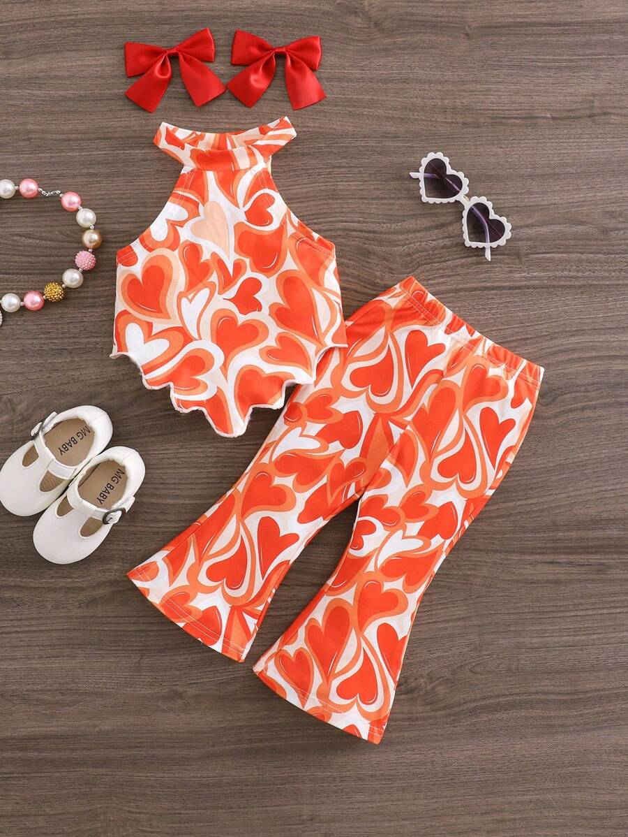 SHEIN Babygirl 两件套时尚心形针织吊带上衣和喇叭裤 - 橘色 - 查看 1