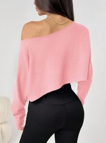 Flirla Petite Áo thun dài tay rộng thùng thình, vai trễ, vải Jacquard, thiết kế cơ bản và tối giản để mặc hàng ngày - Hồng - Xem 2