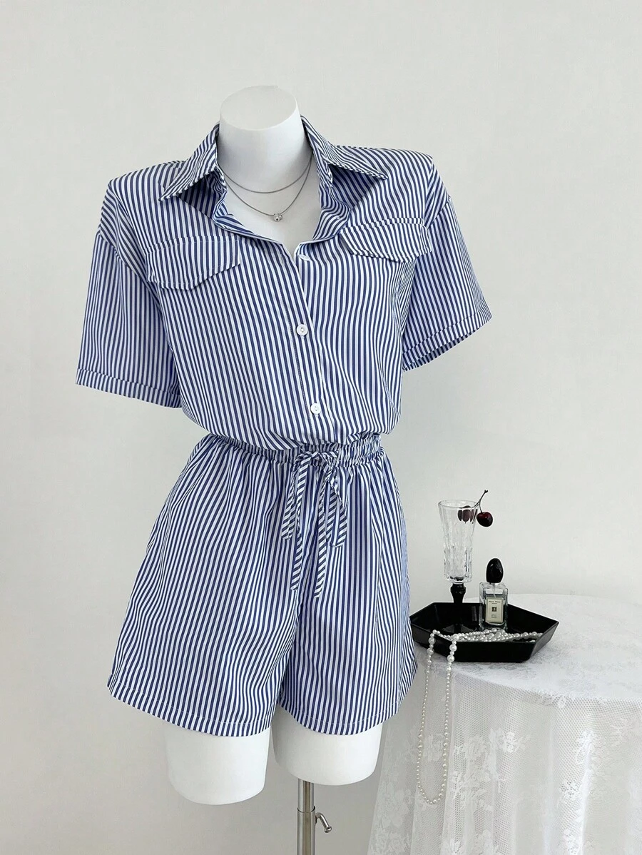 SHEIN Unity 条纹收腰短袖连体裤，夏季