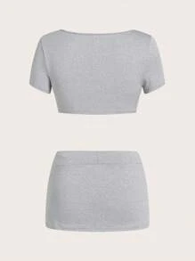 Coolane 女款灰色夏季休閒夜店街頭風 Y2K 復古辣妹風鈕扣修身短版 T 恤與低腰迷你裙 2 件套套裝 - 灰色 - 查看 8