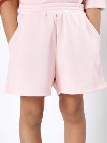 SUMWON Original Logo Girls Two Piece Set Matching Casual Summer Play Outfit Crop Top And Shorts Coordinated Wear Set - Pink - View 5