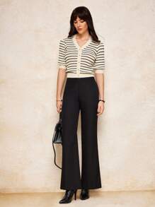 House of One 梭织黑色喇叭长裤女士休闲办公室正式复古钱秋季服装秋季服装商务职业女性商务休闲女装 - 黑色 - 查看 1