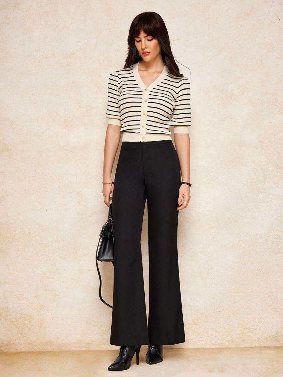 House of One 梭织黑色喇叭长裤女士休闲办公室正式复古钱秋季服装秋季服装商务职业女性商务休闲女装 - 黑色 - 查看 1