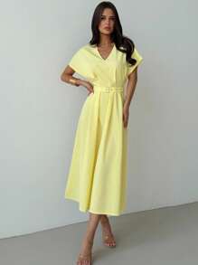 Firerie Women's Simple Elegant Casual V-Neck Dolman Sleeve Cinched Waist A-Line Mid-Length Dress In Pale Yellow, Suitable For Daily Commute And Work