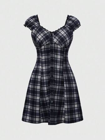 Grunge Punk Schoolgirl Style Contrast Lace Ruffle Hem Waist Cinched Plaid Puff Sleeve Mini Dress For Women