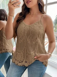 Reflora Plus Size Elegant Solid Color Lace Camisole Lace Tank Top Crochet Tank Brown Lace Top Light Brown Top Coffee Brown Top