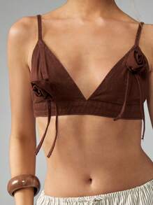 MISSGUIDED Summer Bralette Top Rose Detail V Neck Cotton Denim Bralette Crop Festival Beachwear Resort Wear Holiday Casual Everyday Classic Design - Brown - View 5