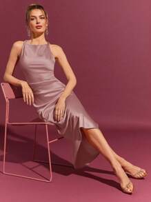 优雅纯色缎面扭纹细节情人节中长连衣裙。女士春季穿搭 = - 藕粉色 - 查看 3