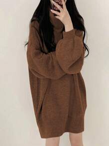 SoleilVie 休闲宽松长袖高领女式毛衣连衣裙，美拉德针织风格，适合大学校园秋冬季穿着。 - 棕色 - 查看 4