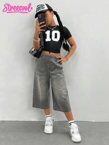 Girls' Cropped Knit Numeric Print Short Sleeve Top, Distressed Wash Wide Leg 5/7 Pants Jeans, Street Fashion Y2K Sporty Campus Style Set - Multicolor - View 2