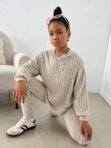 Tween Girls Ribbed Knit Hoodie Top And Leggings 2 Pieces Set, Casual Everyday Comfortable Soft Thick Outfit, Autumn/Winter - Khaki - View 6