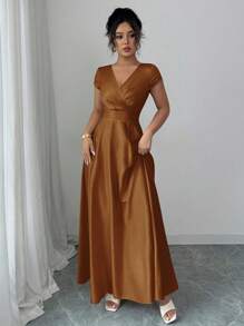 Elenzga 女士V领收腰优雅浪漫短袖连衣裙 - 咖啡棕 - 查看 5