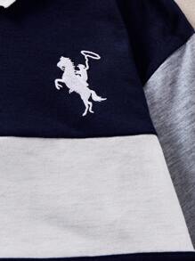 SHEIN Boys' Casual Cartoon Embroidered Polo Shirt, Long Sleeve, Contrast Color Patchwork, New Arrival For Autumn Fall Winter