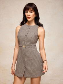 House of One Jacquard Elegant Skinny Button-Up Embellished Boat Neck Sleeveless Mini Dress Women Fall Winter Old Money Fall Outfits Business Professional Women Business Casual Woman