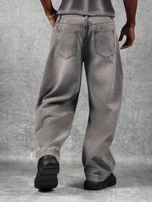 SUMWON Balloon Fit Wide Leg Jeans Loose Baggy Street Style Y2K Fashion Denim Pants With Chain Accessory Winter Skater Casual Pants Plain - Grey - View 3