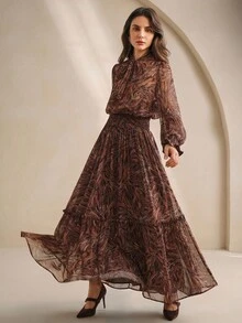 Anewsta Elegant & Slimming Cinched Waist Floral Print Long Dress For Women - Brown - View 4