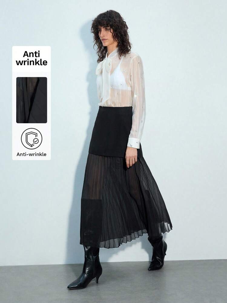 SHEIN Maija Women's Black Patchwork Pleated Design All-Matching Modern Elegant Fashionable Refined Elastic Waistband Adjustable Pleated Skirt,Suitable For Professional, Casual And Valentine's Day Wear Old Money Attire Vacation Summer Going Out Graduation Elegant Women's Blouses Casual Blouse For Women Formal Attire For Women Office Wear Women Business