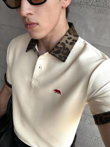 ESTAVOR 男士休闲豹纹拼布短袖 Polo 衫，适合夏季 - 彩色 - 查看 5