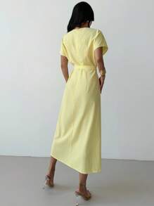 Firerie Women's Simple Elegant Casual V-Neck Dolman Sleeve Cinched Waist A-Line Mid-Length Dress In Pale Yellow, Suitable For Daily Commute And Work