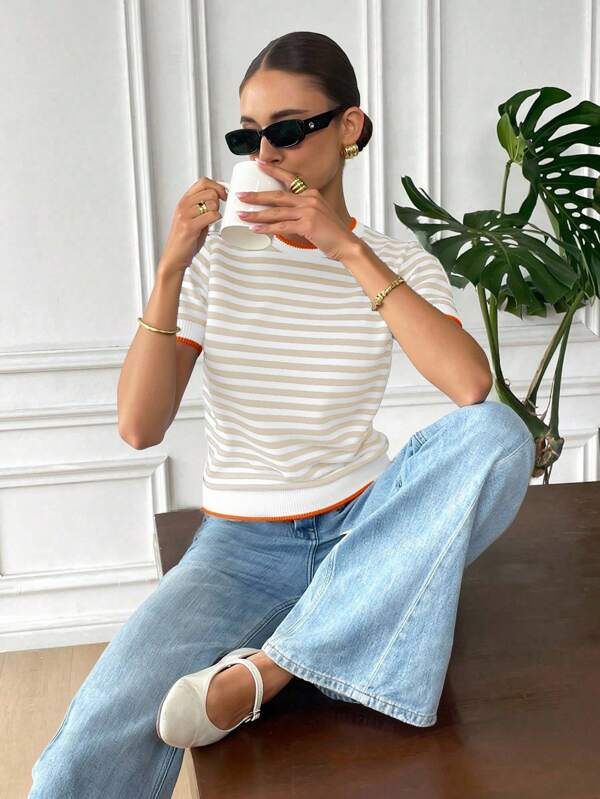 Serisse Top de punto de manga corta con cuello redondo a rayas de bloque de color para verano