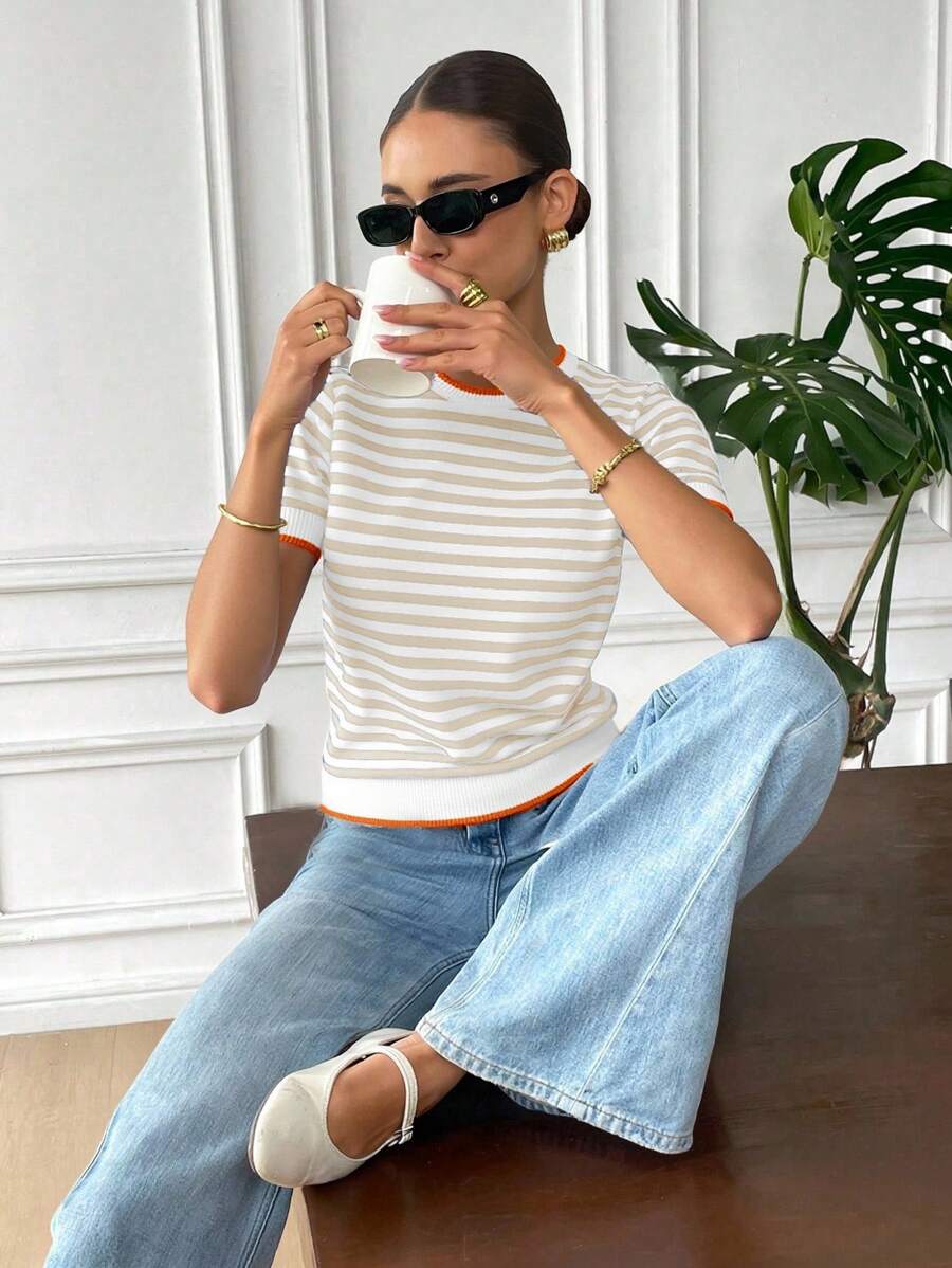 Serisse Color Block Striped Round Neck Short Sleeve Knit Top For Summer - Multicolor - View 1