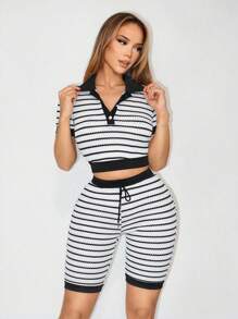 Sirith Striped Design  Women's Black And White Striped Drawstring Waist Casual Shorts - Black and White - View 6