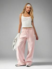 Missguided x Playboy Wide Leg Sweatpants Loungewear Pants High Waist Stretch Casual Fall Winter Bottoms - Baby Pink - View 2