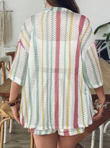 SHEIN VCAY 大码女式蓝白条纹衬衫和短裤针织两件套，夏季假日 - 彩色 - 查看 2