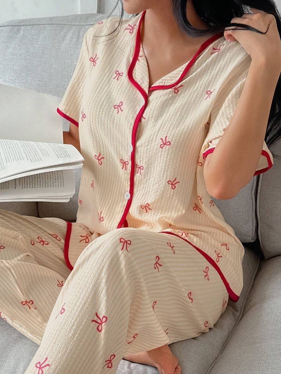 SHEIN 粉色和白色条纹蝴蝶结开衫休闲女士睡衣套装 - 黃色 - 查看 1