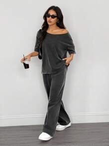 SHEIN PETITE 2pcs Women Casual Distressed Washed Loose Oblique Shoulder T-Shirt And Pants Set - Black - View 9