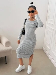 SHEIN 青少年女孩罗纹长袖连衣裙配吊带裙套装，休闲日常时尚百搭服装 - 灰色 - 查看 6